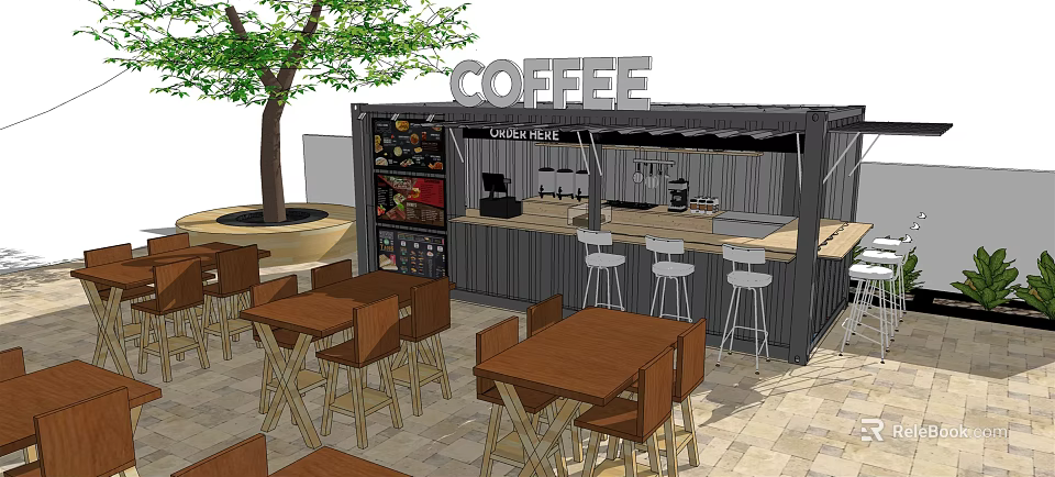 Container Converted Coffee Cafe With Outdoor Seating Tables Chairs Tree And Bar Counter 3d model 