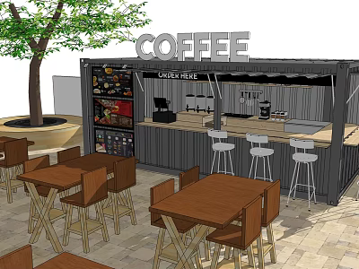 Container Converted Coffee Cafe With Outdoor Seating Tables Chairs Tree And Bar Counter 3d model