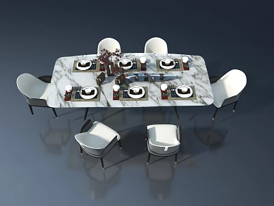 Landscape Sculpture Featuring Marble Tabletop Long Dining Table With White Chairs And Decorative Elements 3d model