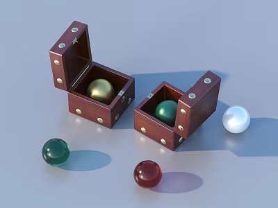 Open Wooden Jewelry Boxes With Gold Green Red Pearl Gemstone Balls Inside 3d model