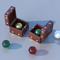 Open Wooden Jewelry Boxes With Gold Green Red Pearl Gemstone Balls Inside