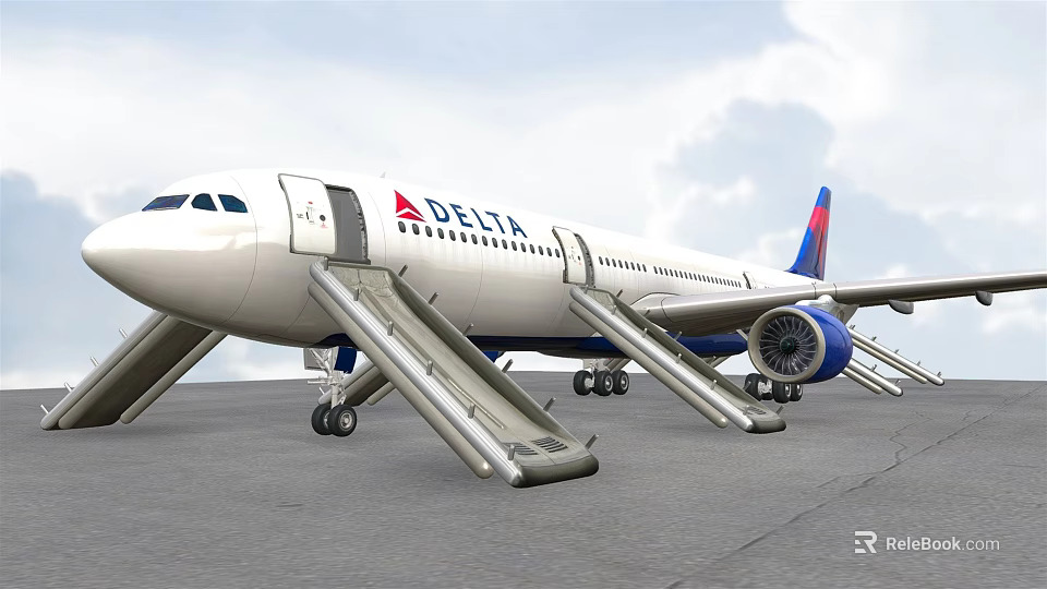 Delta Airline Airplane With Open Doors And Deployed Slides On Tarmac Under Cloudy Sky 3d model 