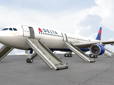 Delta Airline Airplane With Open Doors And Deployed Slides On Tarmac Under Cloudy Sky 3d model