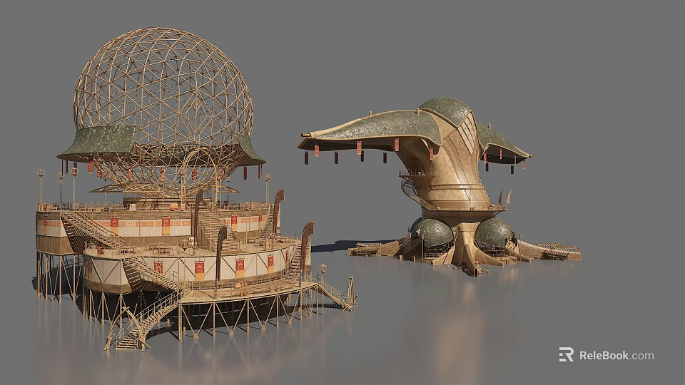 Futuristic Architectural Structures Featuring Spherical Dome And Octopus Shaped Design Elements 3d model