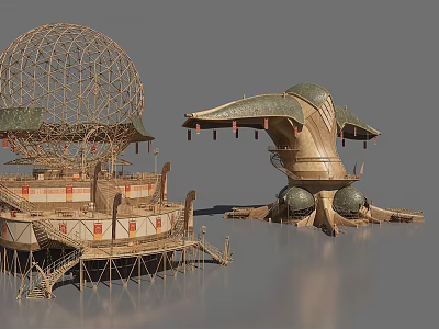 Futuristic Architectural Structures Featuring Spherical Dome And Octopus Shaped Design Elements 3d model