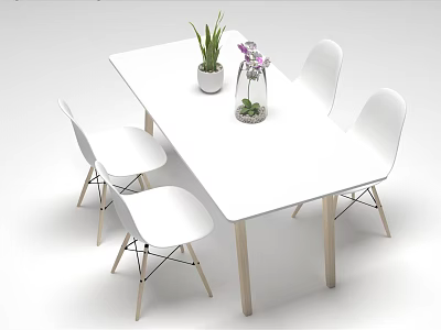 Modern White Dining Table Set With Four Chairs Wooden Metal Legs Decorative Plants Flower Vase 3d model