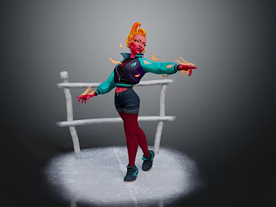 Orange Haired Character In Teal Top Black Shorts Near White Railings On Snowy Ground 3d model