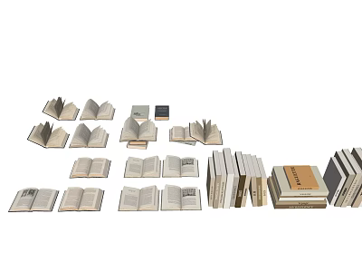 Open And Stacked Books In Various Sizes And Orientations On White Surface 3d model