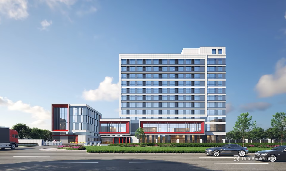 Modern Industrial Factory Building Exterior Featuring Multi Storey Glass Curtain Wall And Surrounding Greenery 3d model 