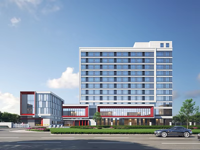Modern Industrial Factory Building Exterior Featuring Multi Storey Glass Curtain Wall And Surrounding Greenery 3d model