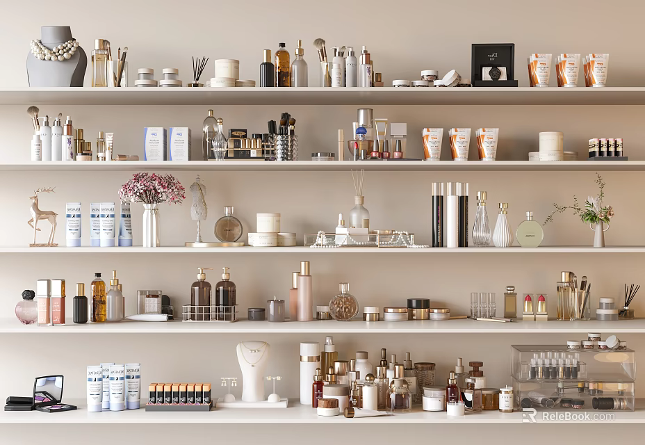 A Well Organized Display Of Perfumes And Cosmetics On Shelves 3d model 