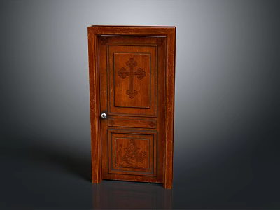Carved Wooden Door With Cross Pattern And Bottom Floral Carvings Design 3d model