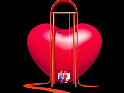 Commercial Equipment Red Heart Shaped Swing Structure With Two People Seated 3d model