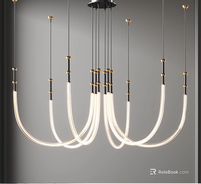 Elegant Modern Curved LED Chandelier With Gold Black Metal Frame Design 3d model 