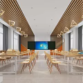 School Dining Hall Interior With Wooden Tables Chairs And Geometric Lamps