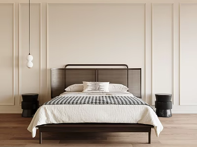 Modern Bedroom With Black Headboard Checkered Bedspread Black Nightstands And Wooden Flooring 3d model