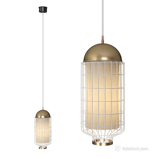 Modern Pendant Lights with Brass Top White Metal Cage Frame and Frosted Glass Lampshade 3d model 