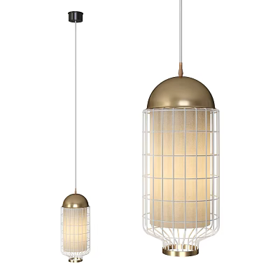 Modern Pendant Lights with Brass Top White Metal Cage Frame and Frosted Glass Lampshade 3d model