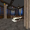 Stylish Bar Interior With Wooden Beams Ceiling Fan Brick Wall Bar Counter And Wine Rack