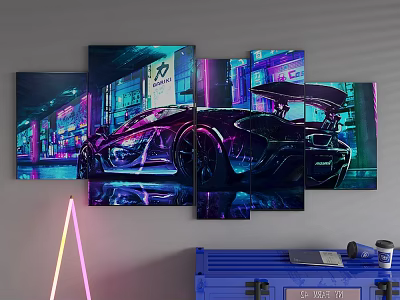 Cyberpunk Style Multi Panel Canvas Art With Neon Sports Car And City Night Scene 3d model