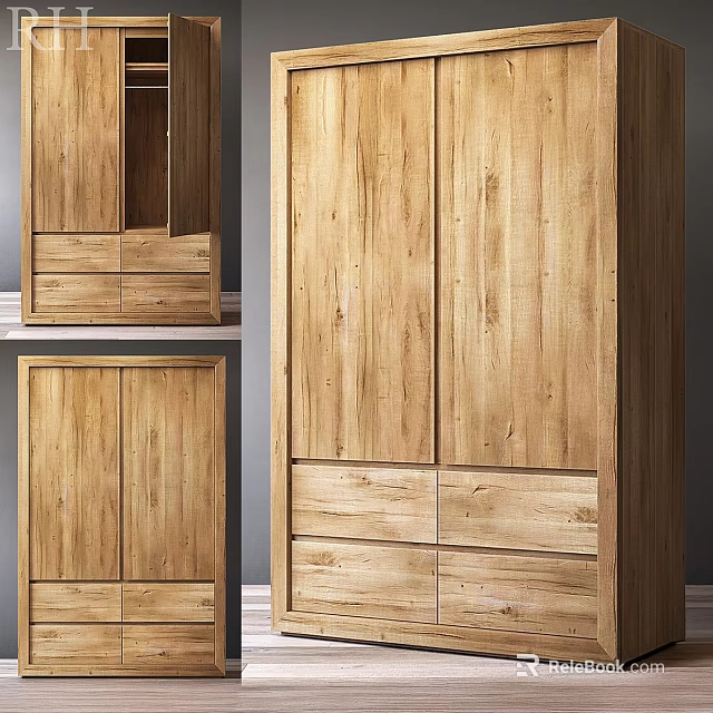 Natural Wooden Wardrobe With Double Doors And Bottom Drawer Storage Furniture 3d model 