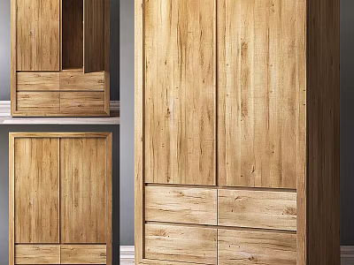 Natural Wooden Wardrobe With Double Doors And Bottom Drawer Storage Furniture 3d model