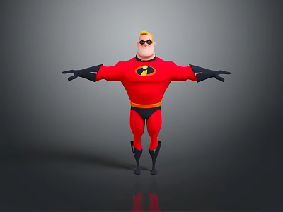 Cartoon Superhero Action Figure Toy Red Costume Black Gloves Yellow Mask Standing Pose Shiny Base 3d model