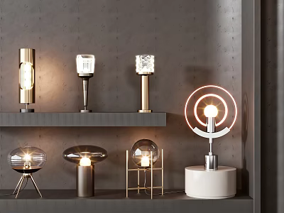 Modern Table Lamps With Diverse Designs Metal Bases And Glass Shades on Shelves 3d model
