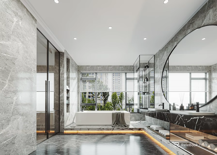 Modern Luxurious Bathroom Interior Design With Marble Walls Bathtub Large Round Mirror And Plants 3d model 