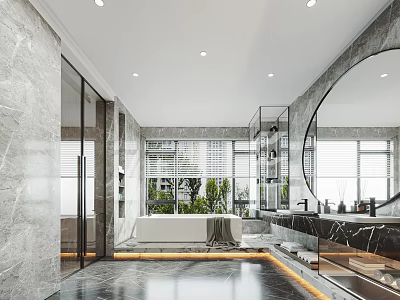 Modern Luxurious Bathroom Interior Design With Marble Walls Bathtub Large Round Mirror And Plants 3d model