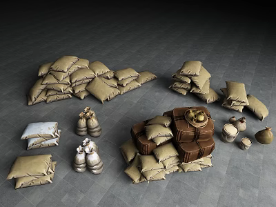 Household Supplies Including Stacked Sacks And Clay Pots On Gray Floor 3d model