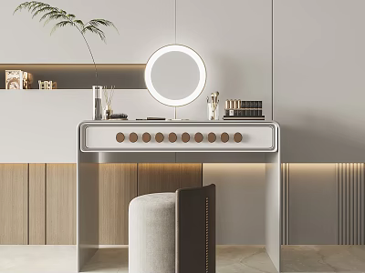Modern Minimalist Dressing Table With Lighted Round Mirror Wooden Stool And Cosmetics 3d model