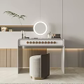 Modern Minimalist Dressing Table With Lighted Round Mirror Wooden Stool And Cosmetics