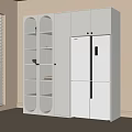 White Cabinets And Refrigerator In Room With Louvered Blinds And Window