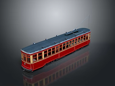 Red Vintage Tram Model With Multiple Windows And Roof Wires On Gray Background 3d model
