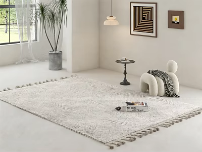 Ivory Square Rug With Tassel Edges In Modern Minimalist Living Room Decor 3d model