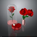Red Roses In Glass Cloche With Pink Vase And Red Gift Box