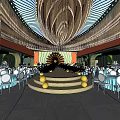 Luxurious Banquet Hall With Circular Golden Chandeliers Golden Chairs And Orange Floral Decor