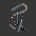 Metallic Weapons Display Featuring Pistol U Shaped Lock And Bullets On Dark Reflective Surface 3d model