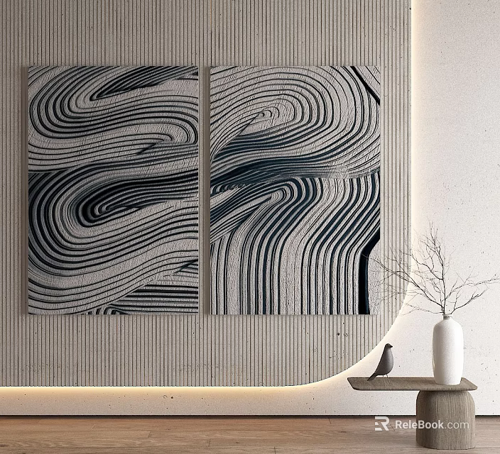 Two Abstract Wave Art Paintings On Textured Wall With Decor 3d model