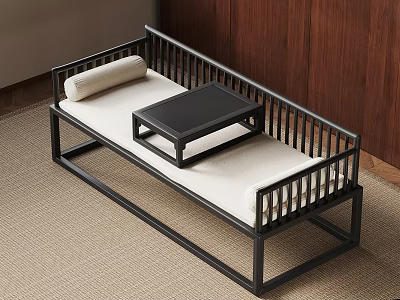 Modern Daybed With Black Frame White Cushion Small Coffee Table Wooden Wall And Beige Carpet 3d model