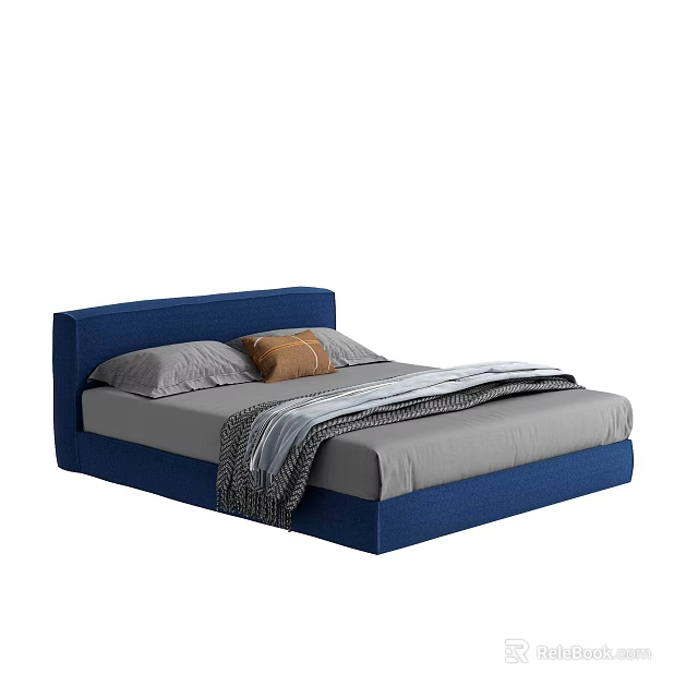 Comfortable Double Bed With Blue Headboard Gray Sheets Brown Pillow And Gray Blanket 3d model