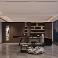 Modern Office Interior With Large Windows City Skyline Wooden Desk Ergonomic Chairs And Sofa Area