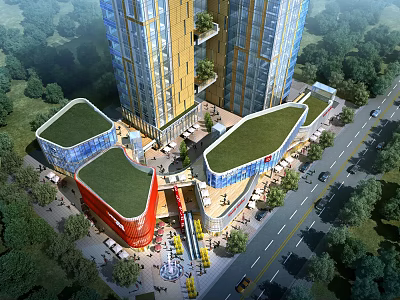 Modern Commercial Street With Tall Buildings Green Roofs Pedestrians And Surrounding Trees 3d model