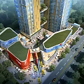 Modern Commercial Street With Tall Buildings Green Roofs Pedestrians And Surrounding Trees
