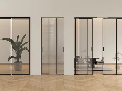 Modern Interior With Glass Sliding Doors Black Frames Wooden Floor And Plant 3d model