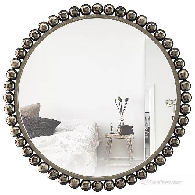 Oval Decorative Mirror with Round Accent Frame Reflecting Bedroom Bedside Table and Vase 3d model 