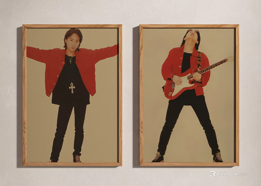 Two Framed Portraits Of Male In Red Jacket Cross Necklace Playing Guitar Arms Outstretched 3d model 