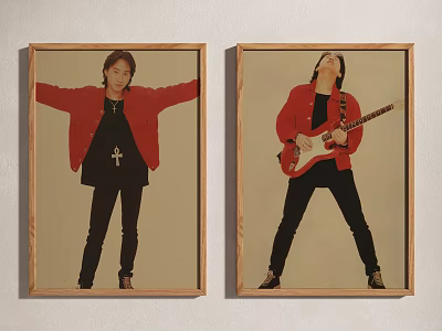 Two Framed Portraits Of Male In Red Jacket Cross Necklace Playing Guitar Arms Outstretched 3d model