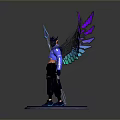 3D Fantasy Character with Purple Blue Gradient Wings Holding Spear on Blue Glowing Circular Base